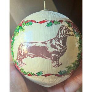 All American Dachshund Seasons Greetings Glass Satin Christmas Ornament Cream VT